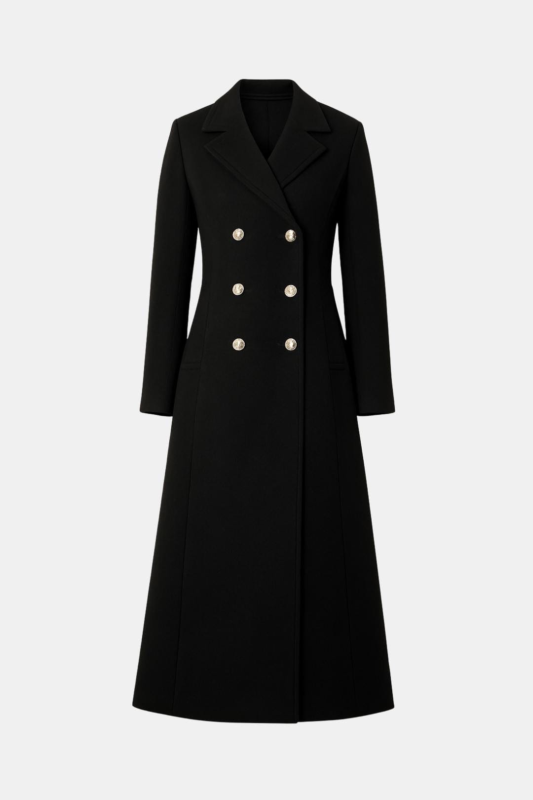 Women's Black Double-Breasted Longline Coat with Notch Lapel