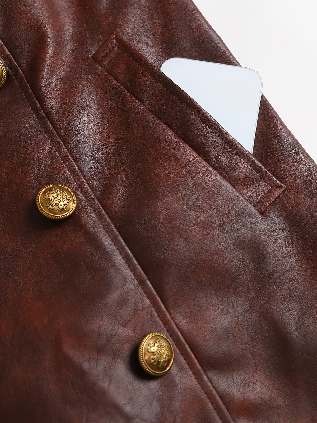 Women's Brown Faux Leather Double-Breasted Belted Coat