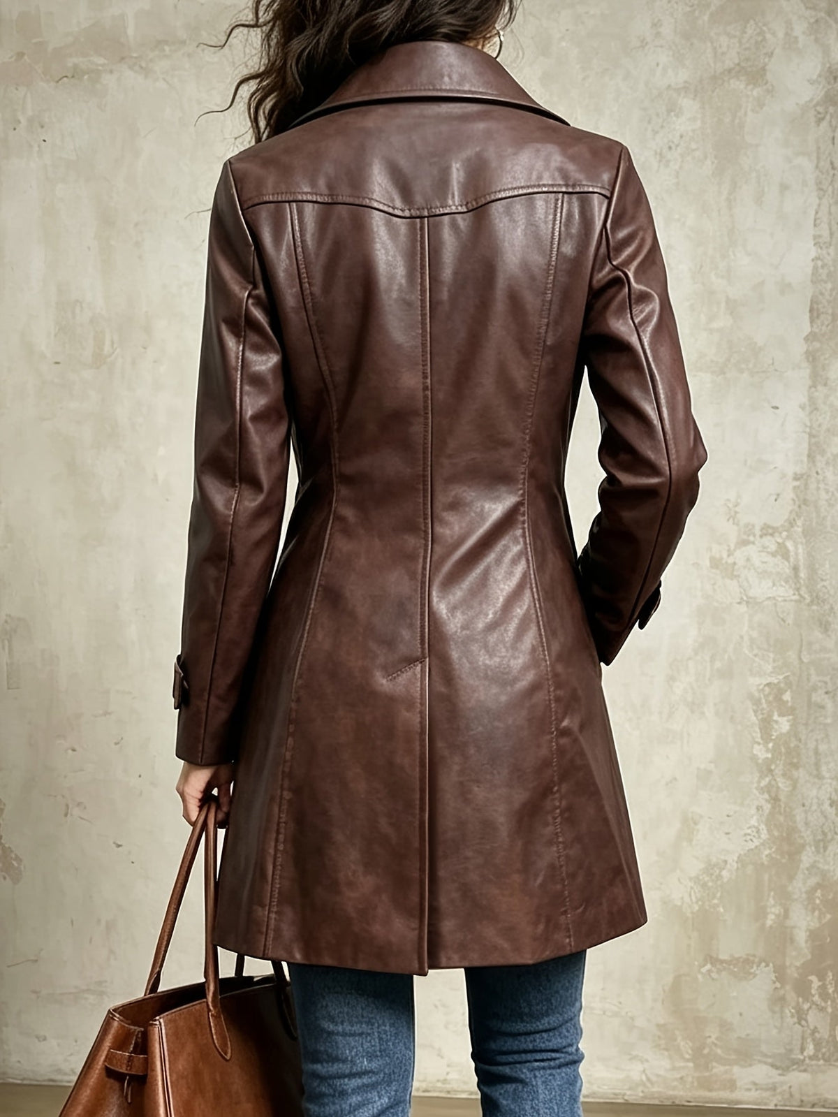 Women's Brown Faux Leather Double-Breasted Belted Coat