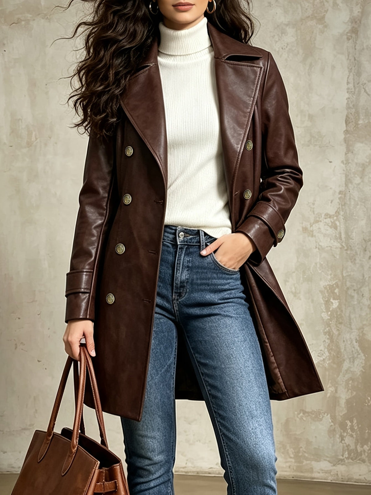 Women's Brown Faux Leather Double-Breasted Belted Coat