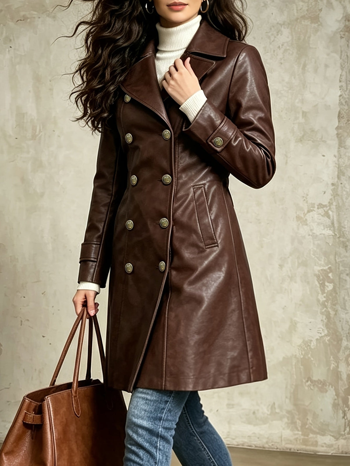 Women's Brown Faux Leather Double-Breasted Belted Coat