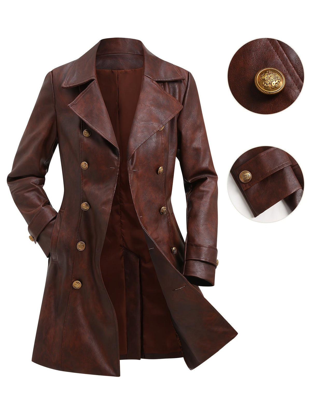 Women's Brown Faux Leather Double-Breasted Belted Coat