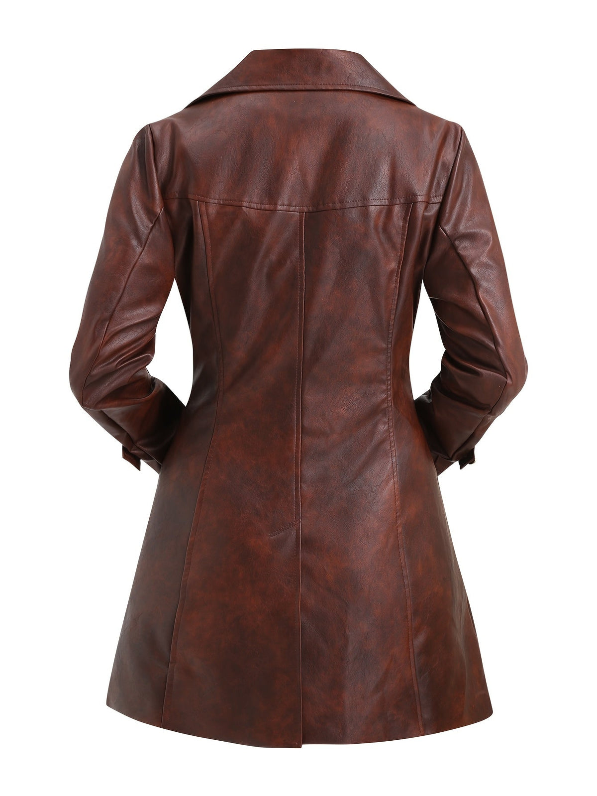 Women's Brown Faux Leather Double-Breasted Belted Coat