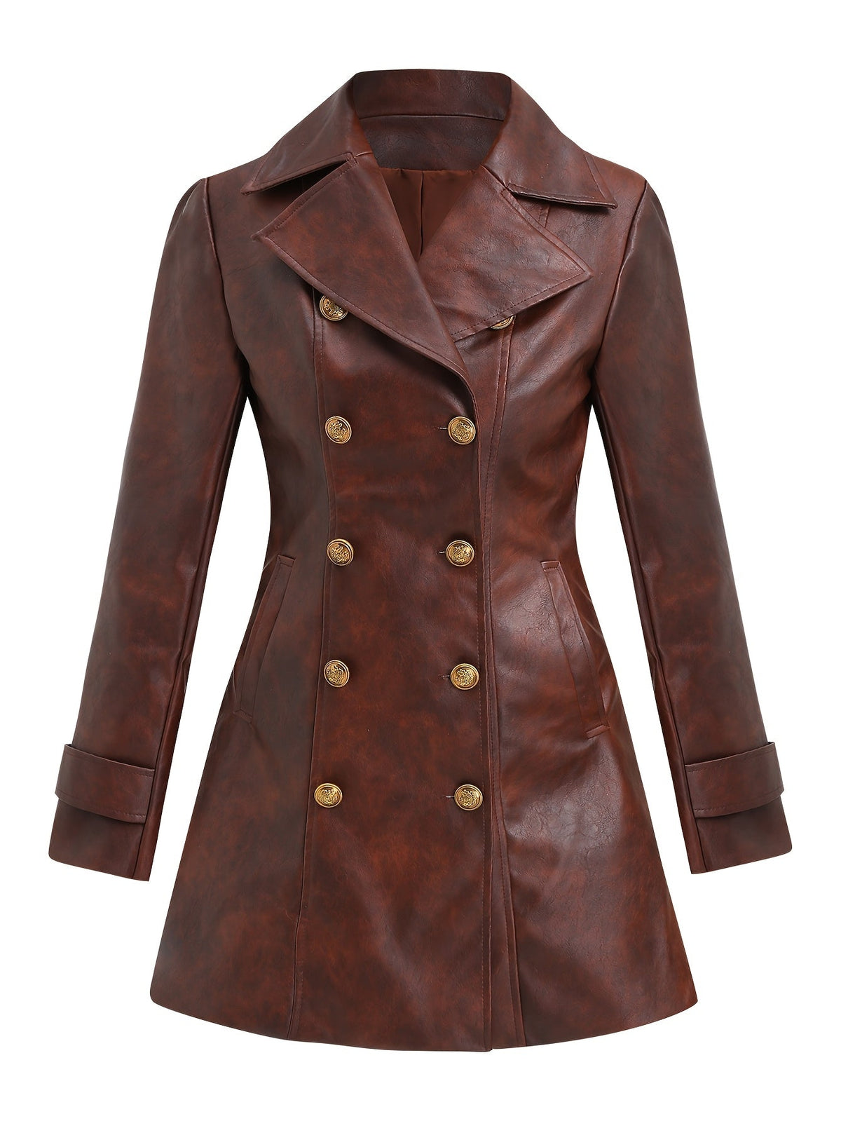 Women's Brown Faux Leather Double-Breasted Belted Coat