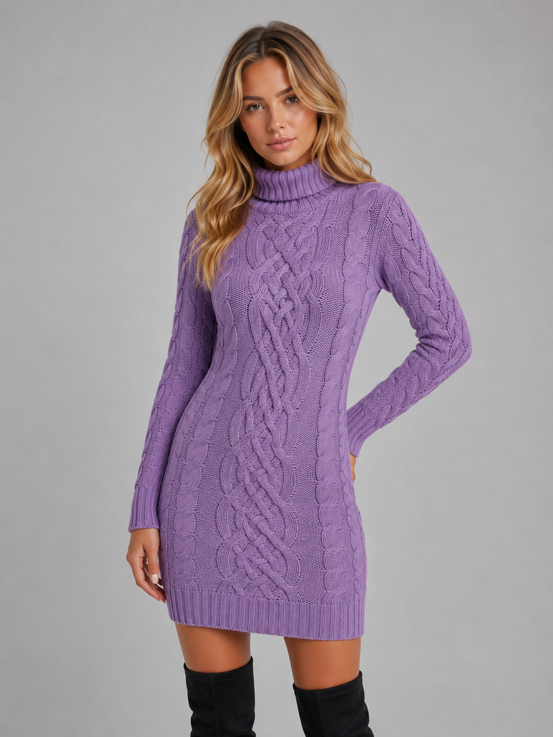 Kacob | Women's Cable Knit Roll Neck Jumper Dress