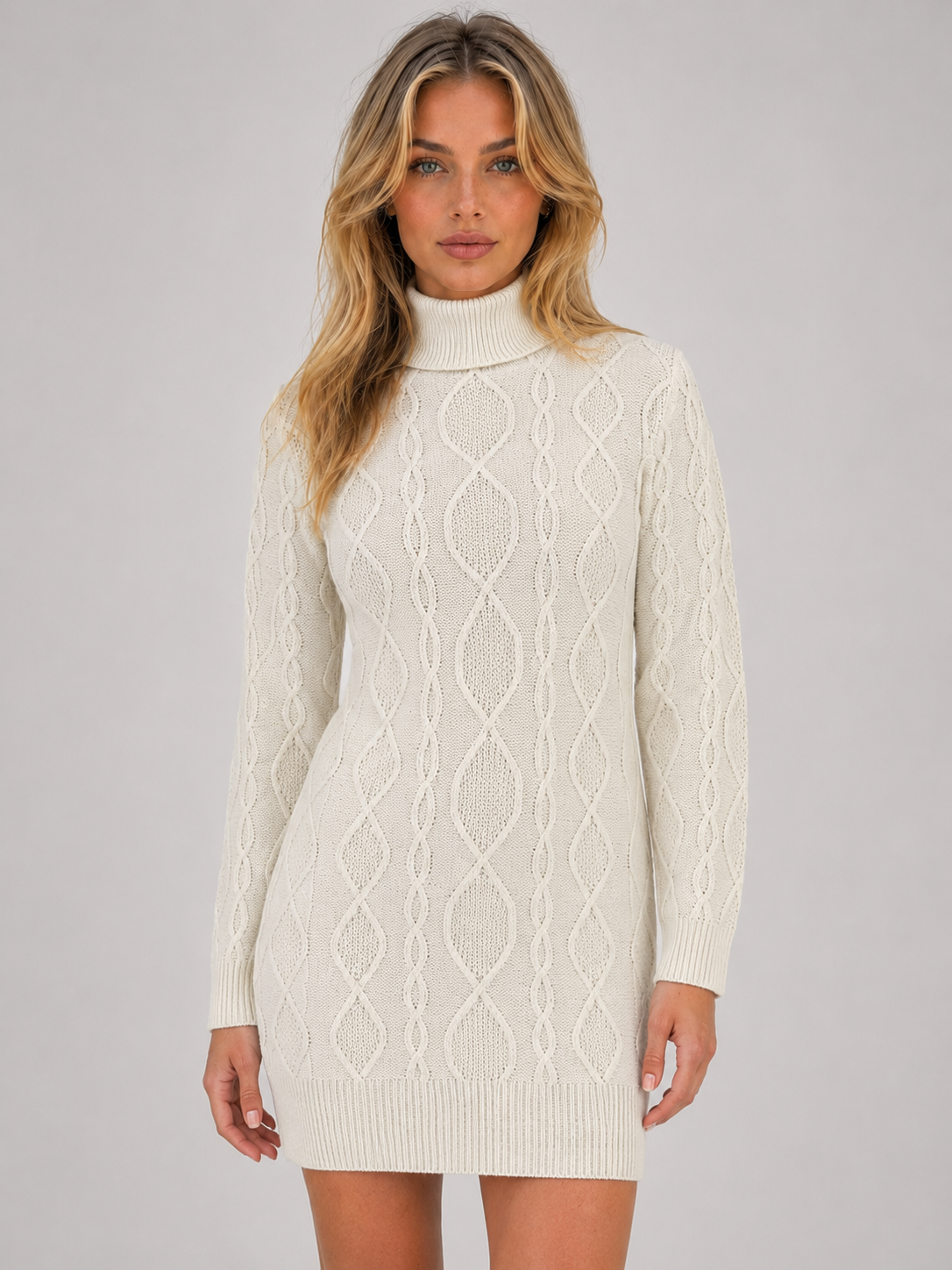 Kacob | Women's Cable Knit Roll Neck Jumper Mini Dress