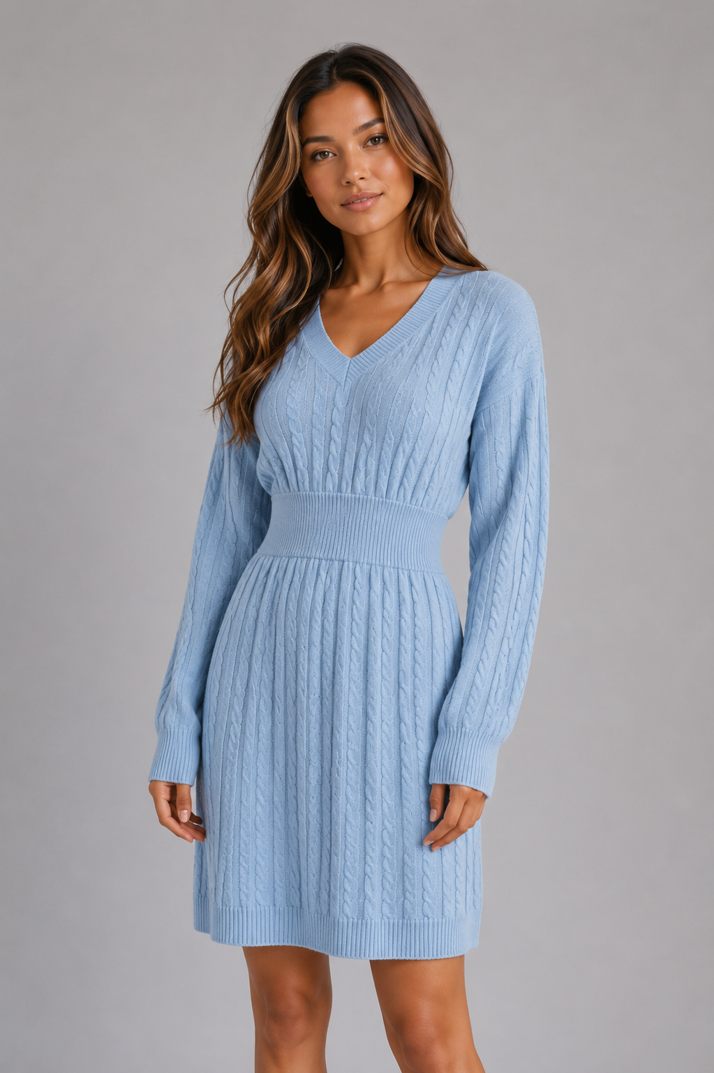 Kacob | Women's Cable Knit V-Neck Shirred Waist Midi Dress