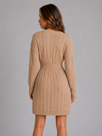 Kacob | Women's Cable Knit V-Neck Shirred Waist Midi Dress