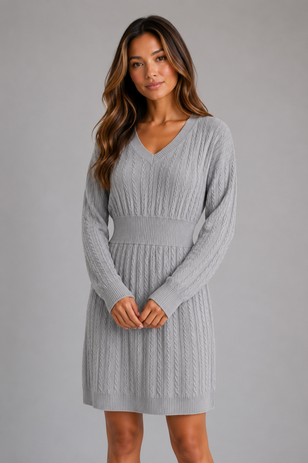 Kacob | Women's Cable Knit V-Neck Shirred Waist Midi Dress