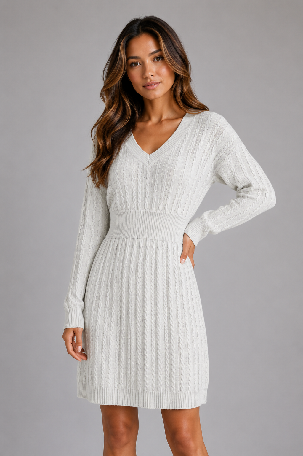 Kacob | Women's Cable Knit V-Neck Shirred Waist Midi Dress