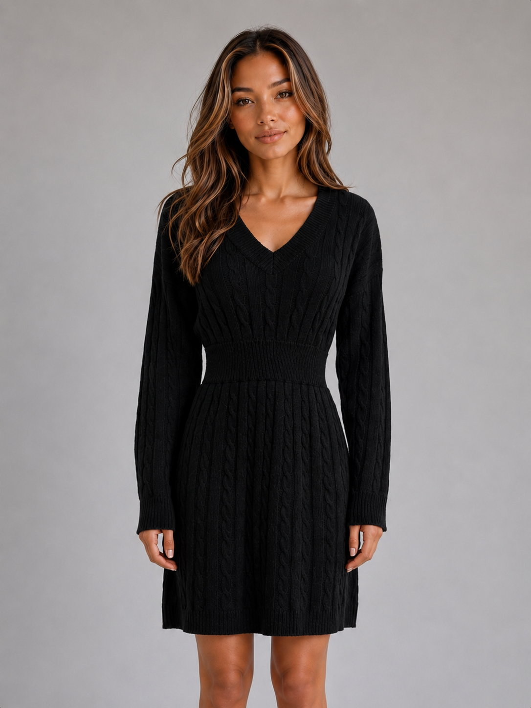 Kacob | Women's Cable Knit V-Neck Shirred Waist Midi Dress