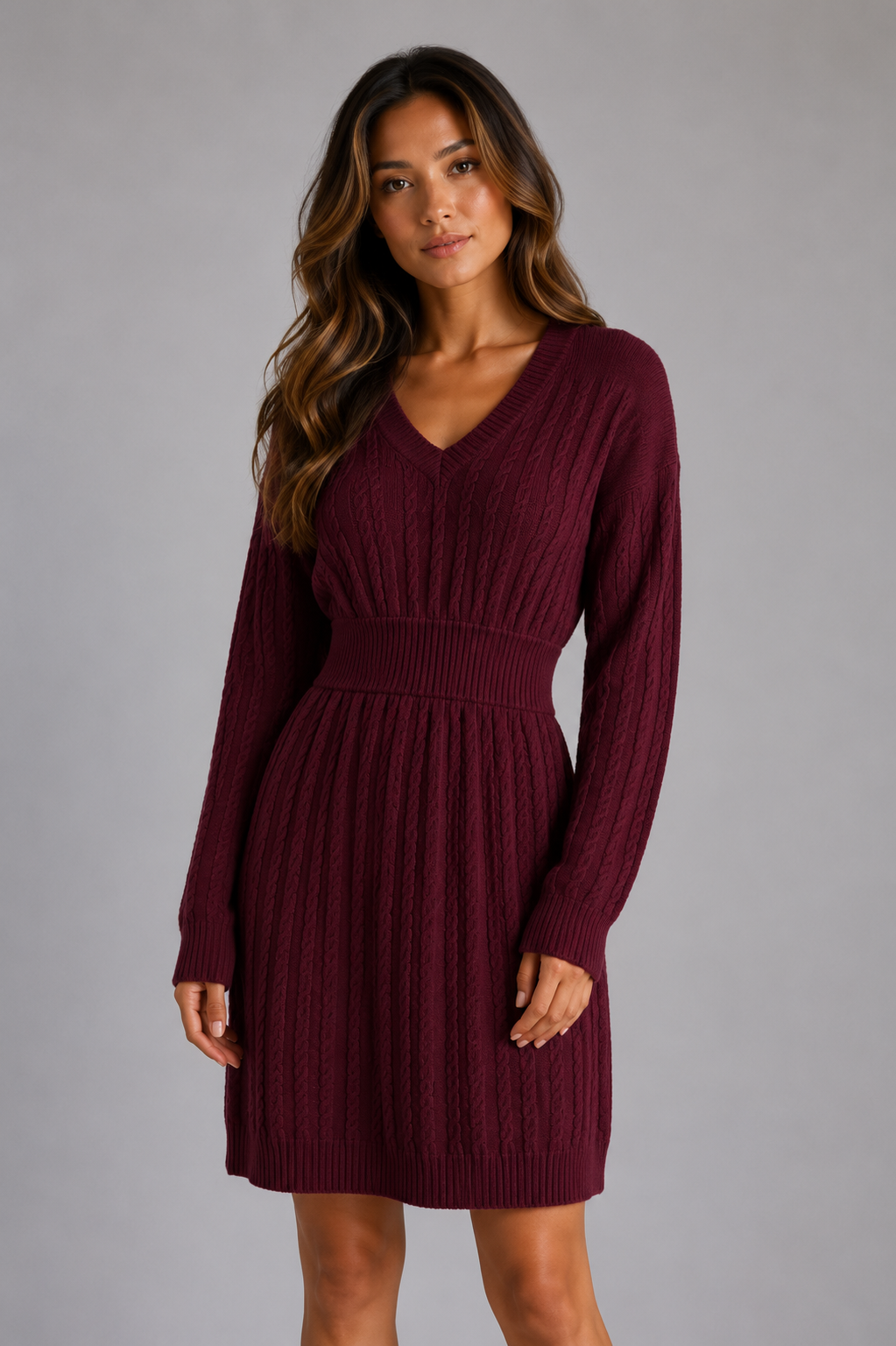 Kacob | Women's Cable Knit V-Neck Shirred Waist Midi Dress