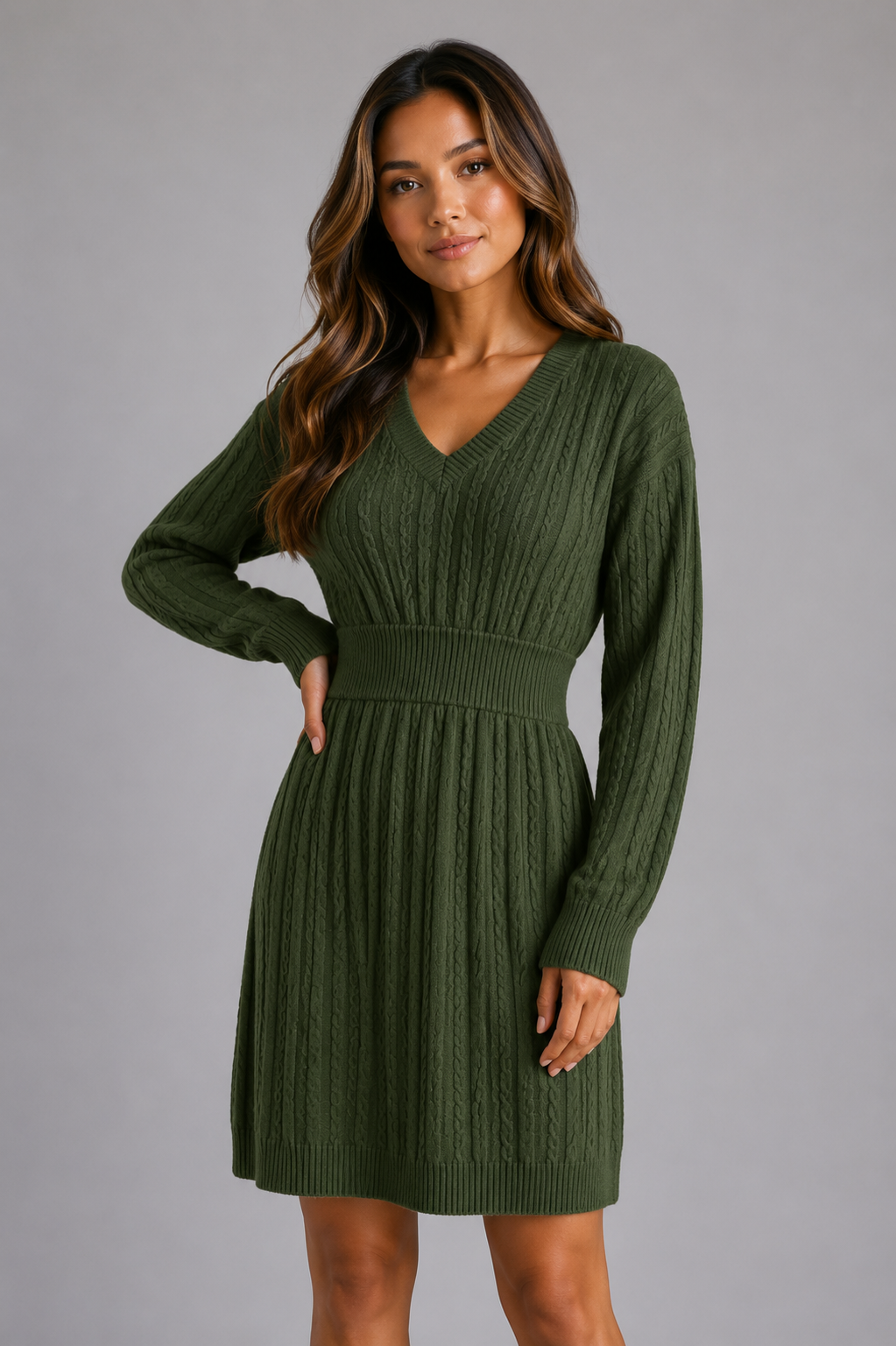 Kacob | Women's Cable Knit V-Neck Shirred Waist Midi Dress