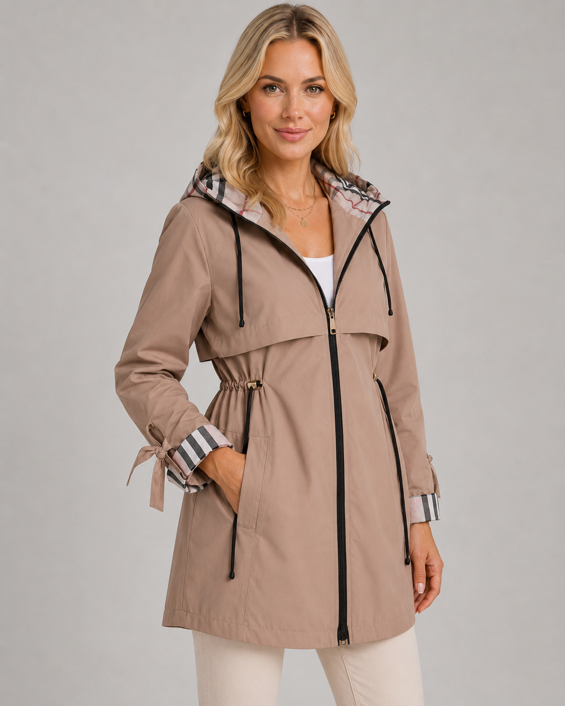 Kacob | Women's Check Lined Hooded Trench Coat