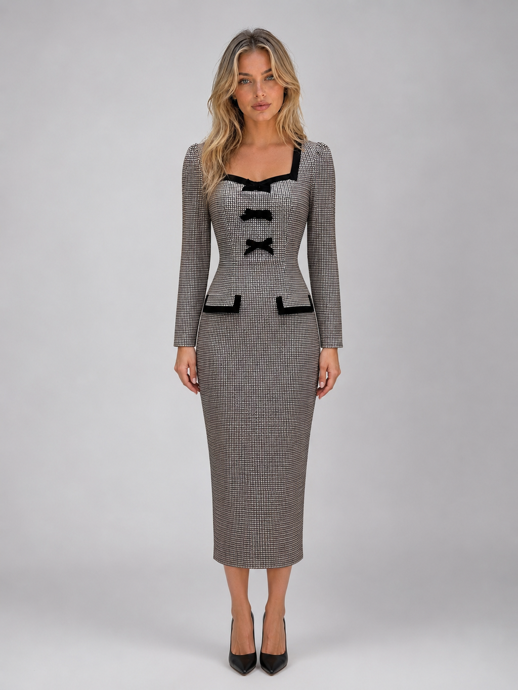Kacob | Women's Check Square Neck Long Sleeve Pencil Midi Dress