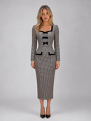 Kacob | Women's Check Square Neck Long Sleeve Pencil Midi Dress