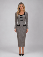 Kacob | Women's Check Square Neck Long Sleeve Pencil Midi Dress
