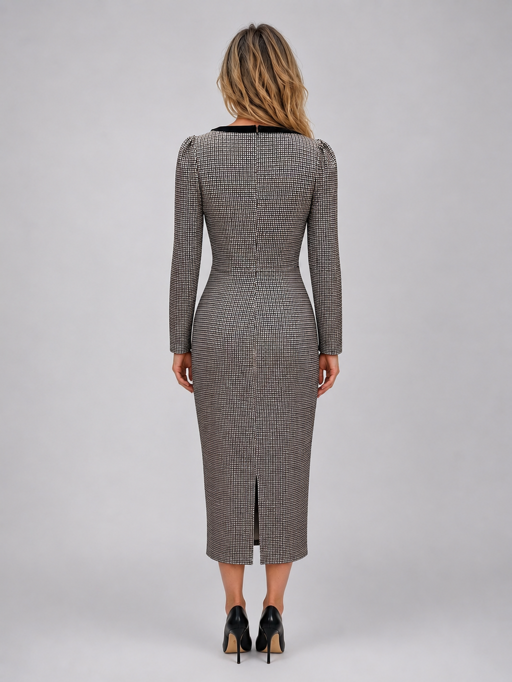 Kacob | Women's Check Square Neck Long Sleeve Pencil Midi Dress