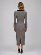 Kacob | Women's Check Square Neck Long Sleeve Pencil Midi Dress