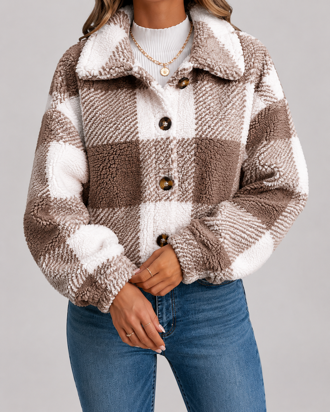 Kacob | Women's Checked Teddy Button Jacket