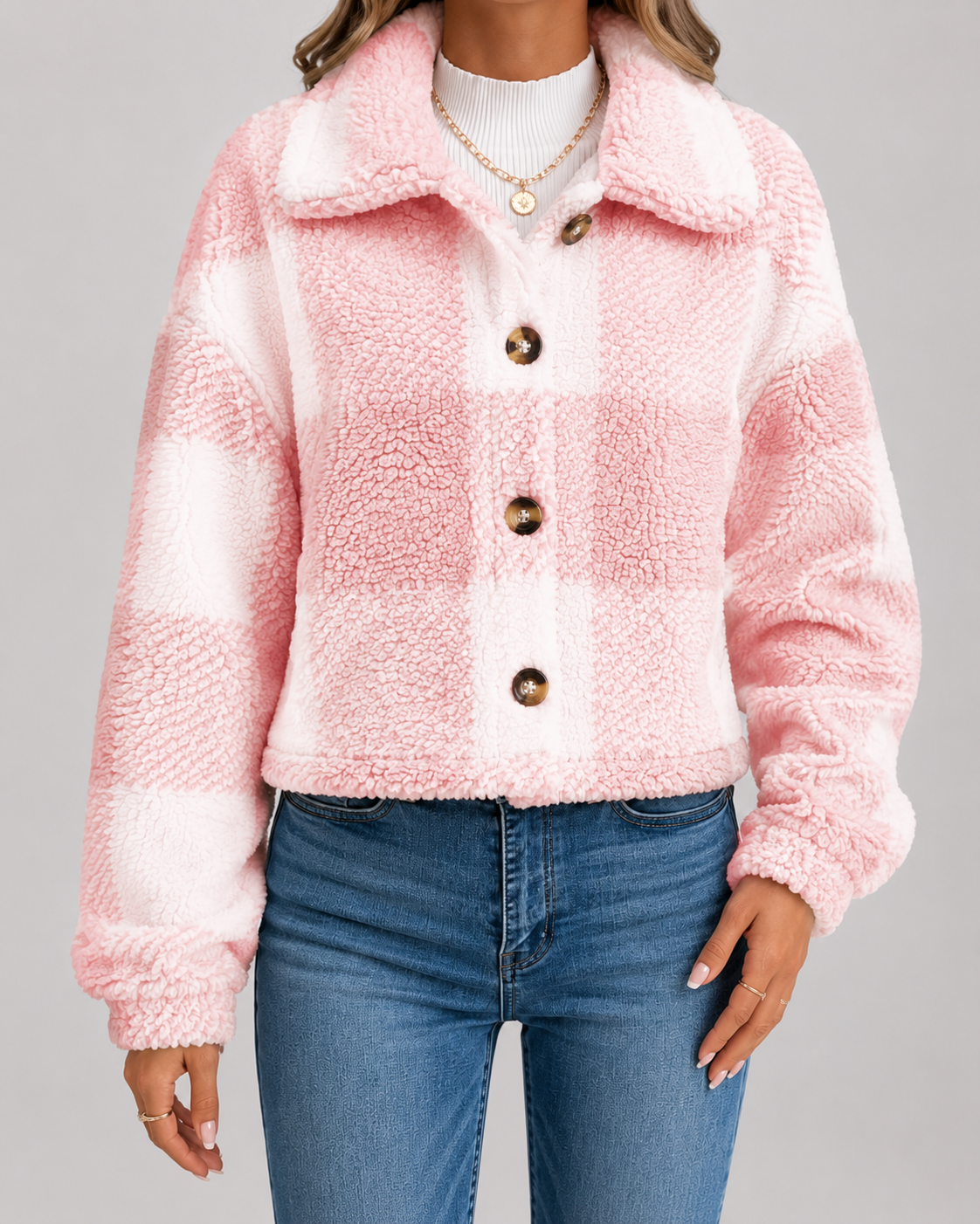 Kacob | Women's Checked Teddy Button Jacket