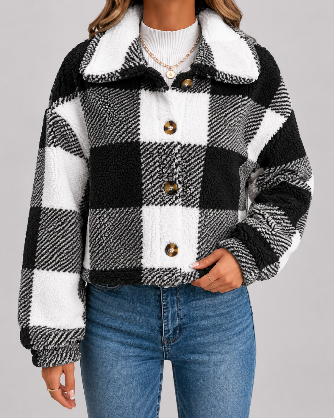 Kacob | Women's Checked Teddy Button Jacket