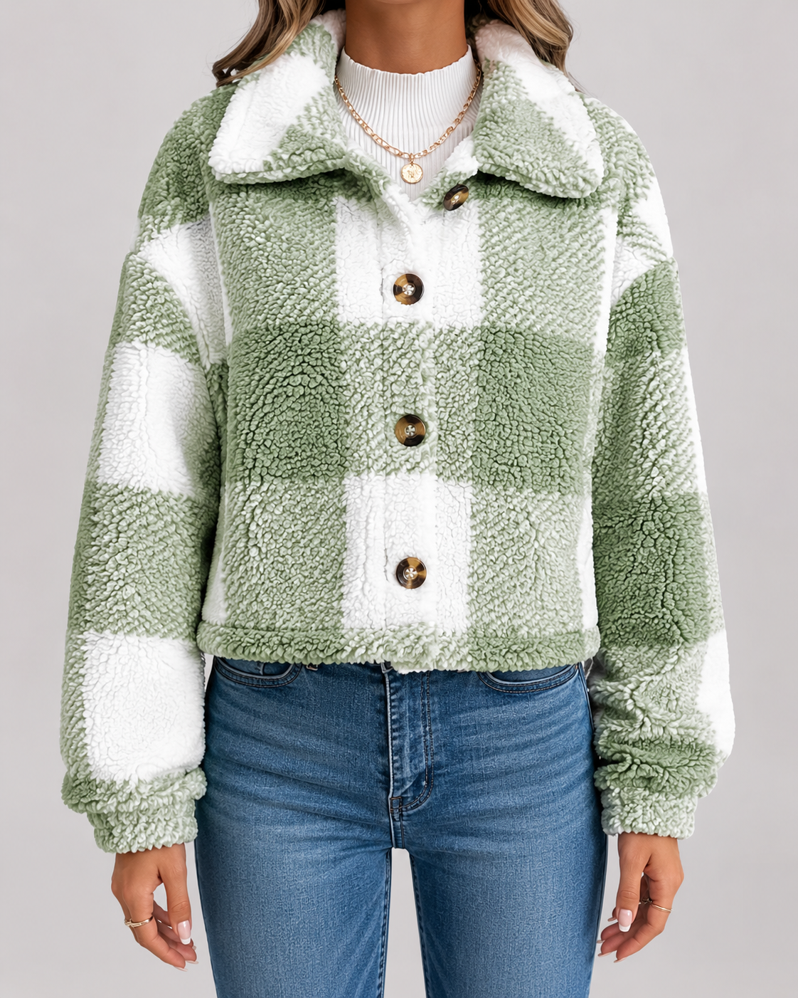 Kacob | Women's Checked Teddy Button Jacket