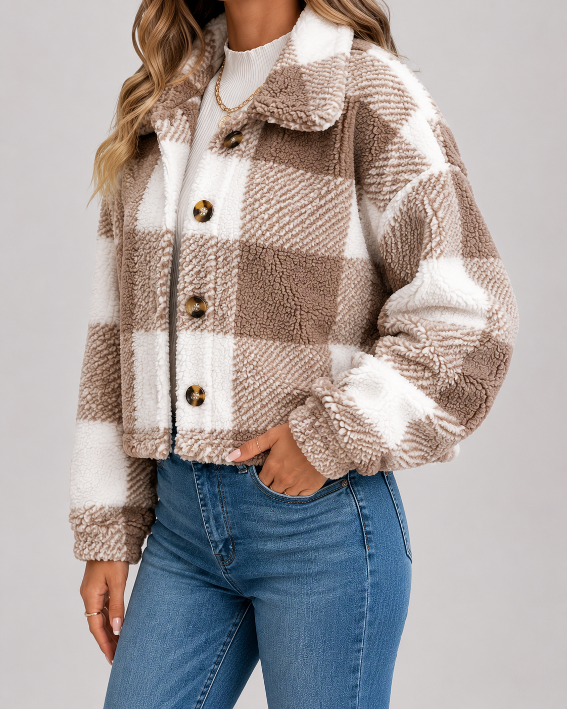 Kacob | Women's Checked Teddy Button Jacket
