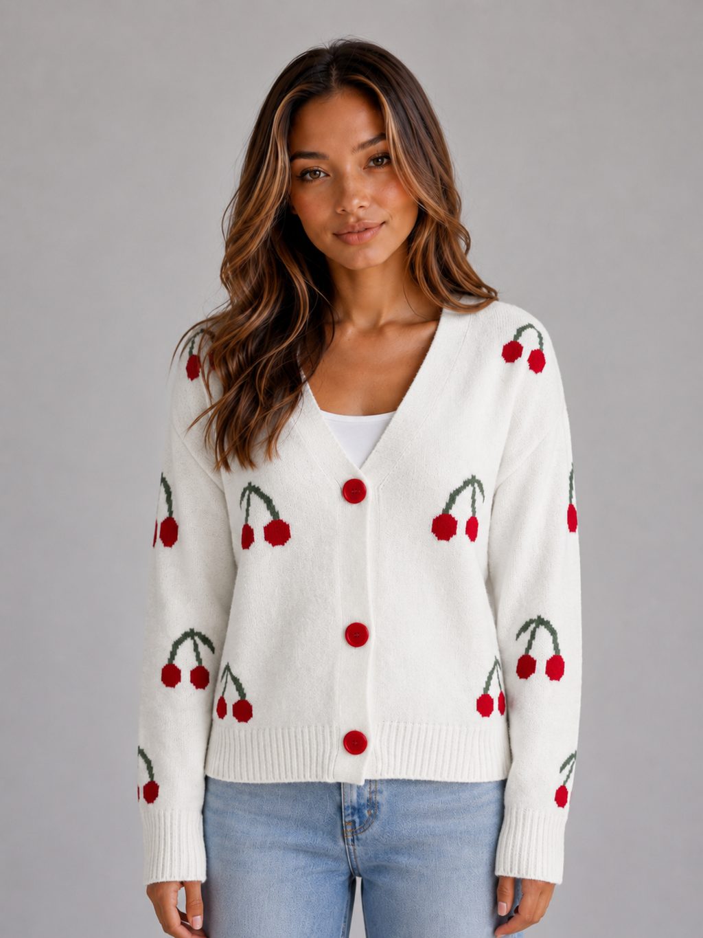 Kacob | Women's Cherry Print V-Neck Button Front Cardigan