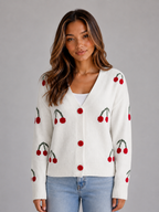 Kacob | Women's Cherry Print V-Neck Button Front Cardigan
