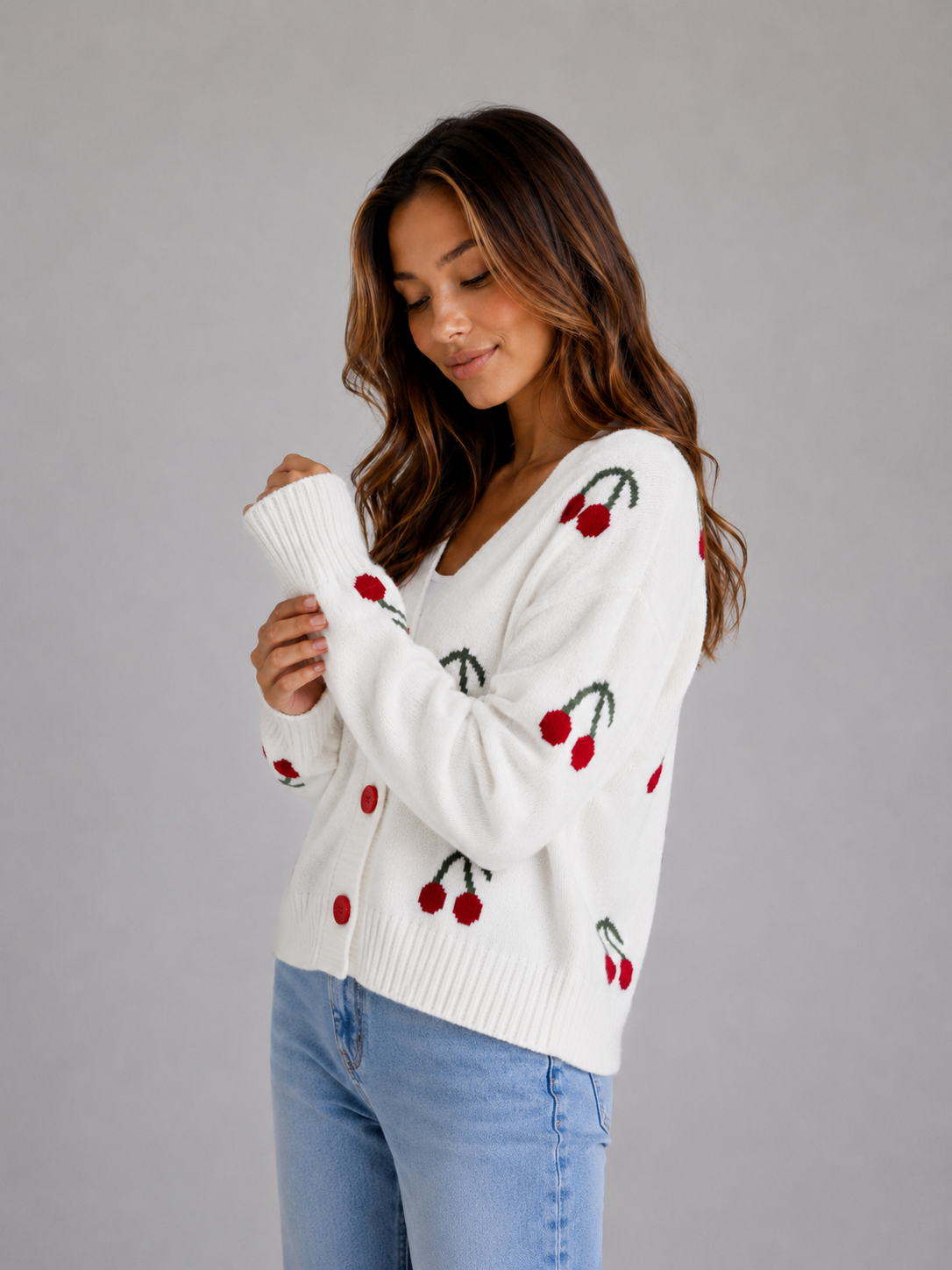 Kacob | Women's Cherry Print V-Neck Button Front Cardigan