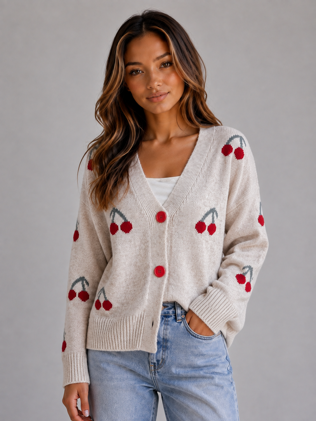 Kacob | Women's Cherry Print V-Neck Button Front Cardigan