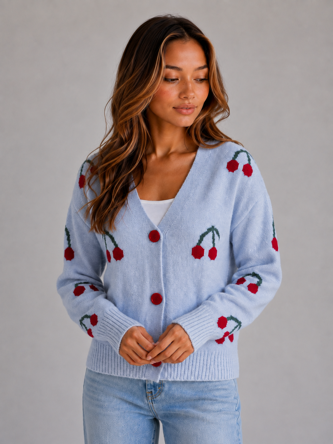 Kacob | Women's Cherry Print V-Neck Button Front Cardigan