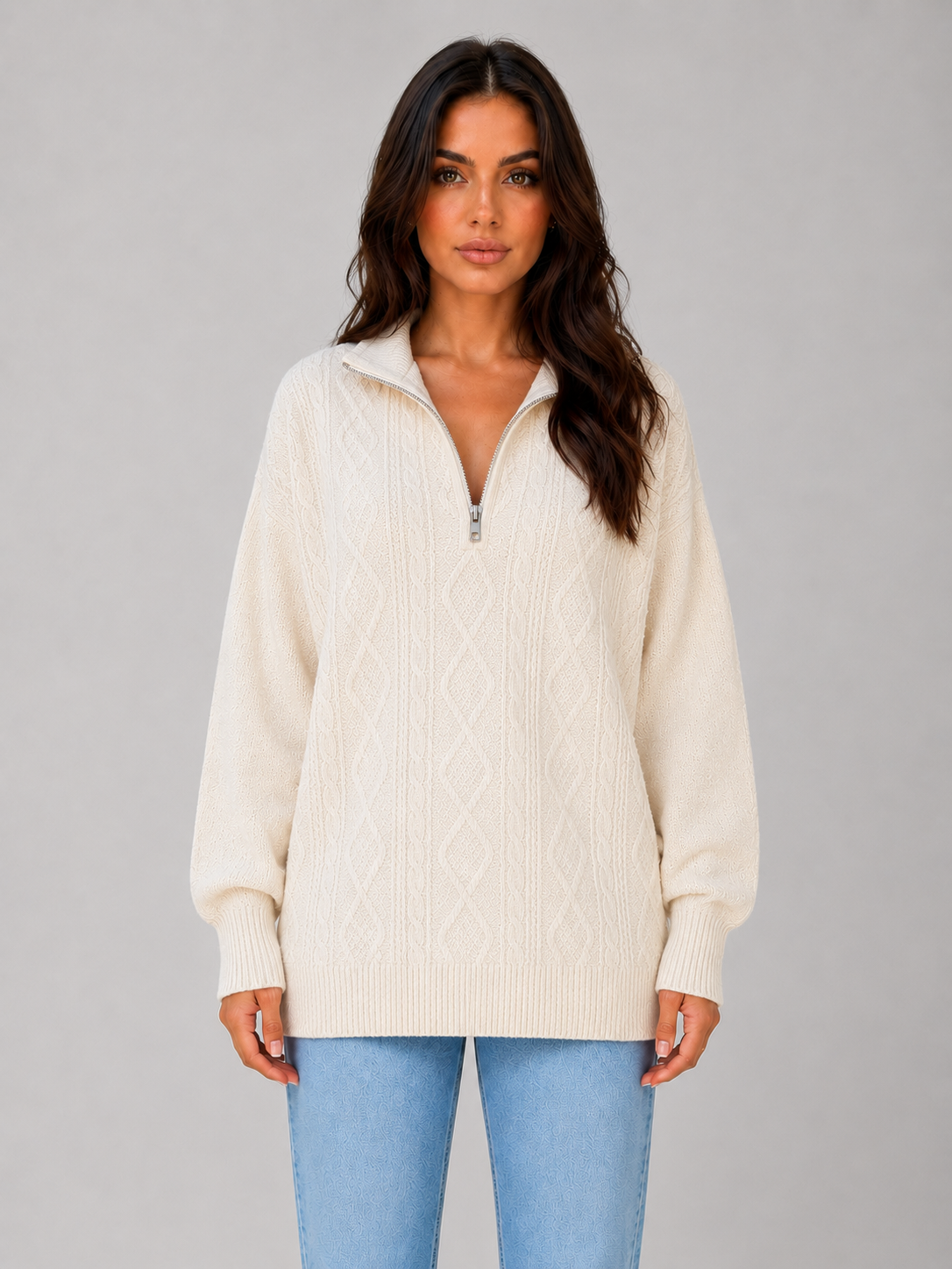 Kacob | Women's Chunky Cable Knit Half Zip Jumper