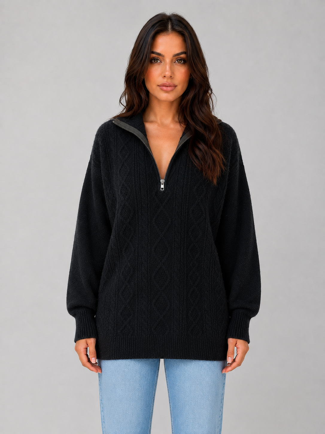 Kacob | Women's Chunky Cable Knit Half Zip Jumper