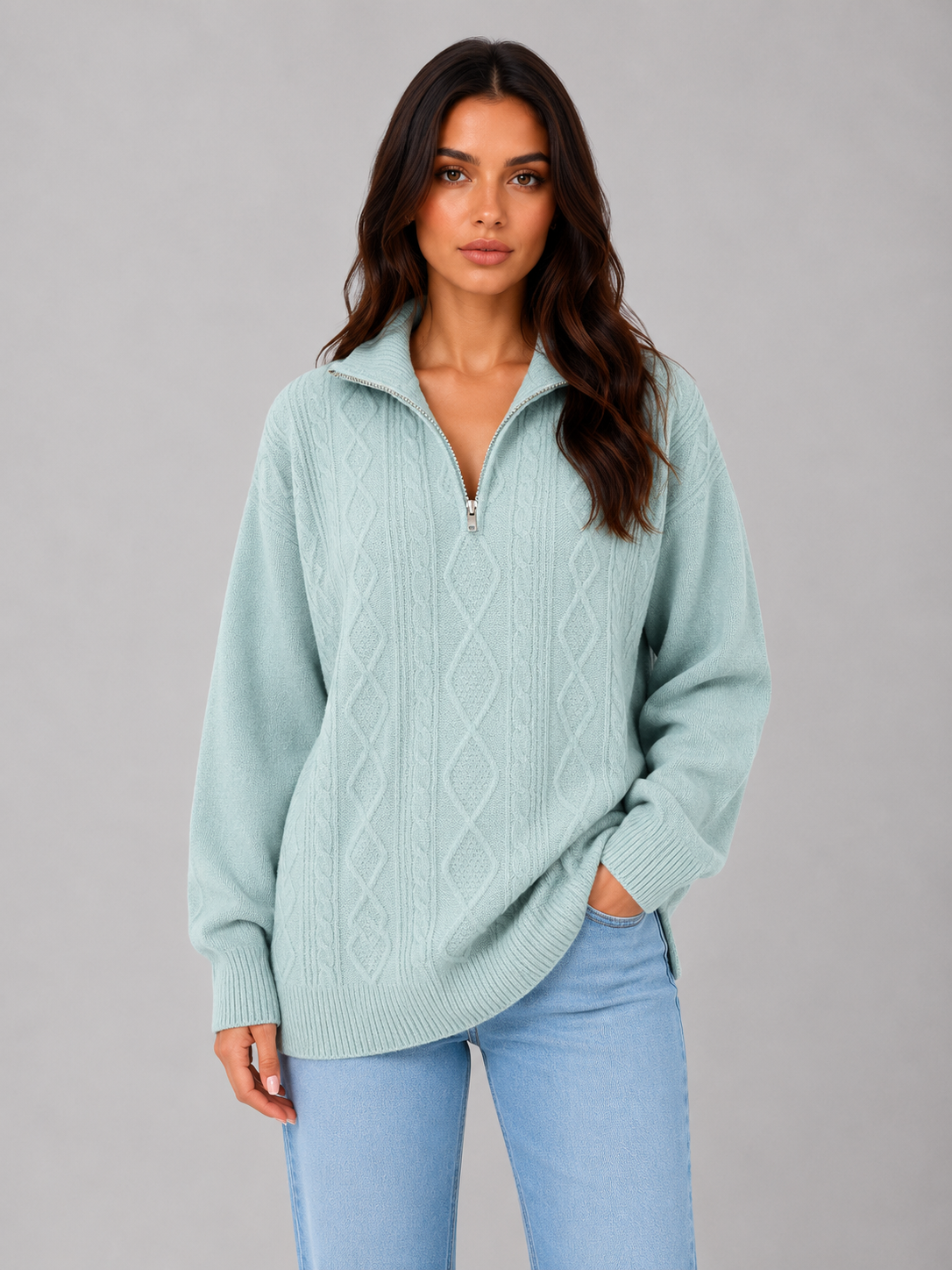 Kacob | Women's Chunky Cable Knit Half Zip Jumper