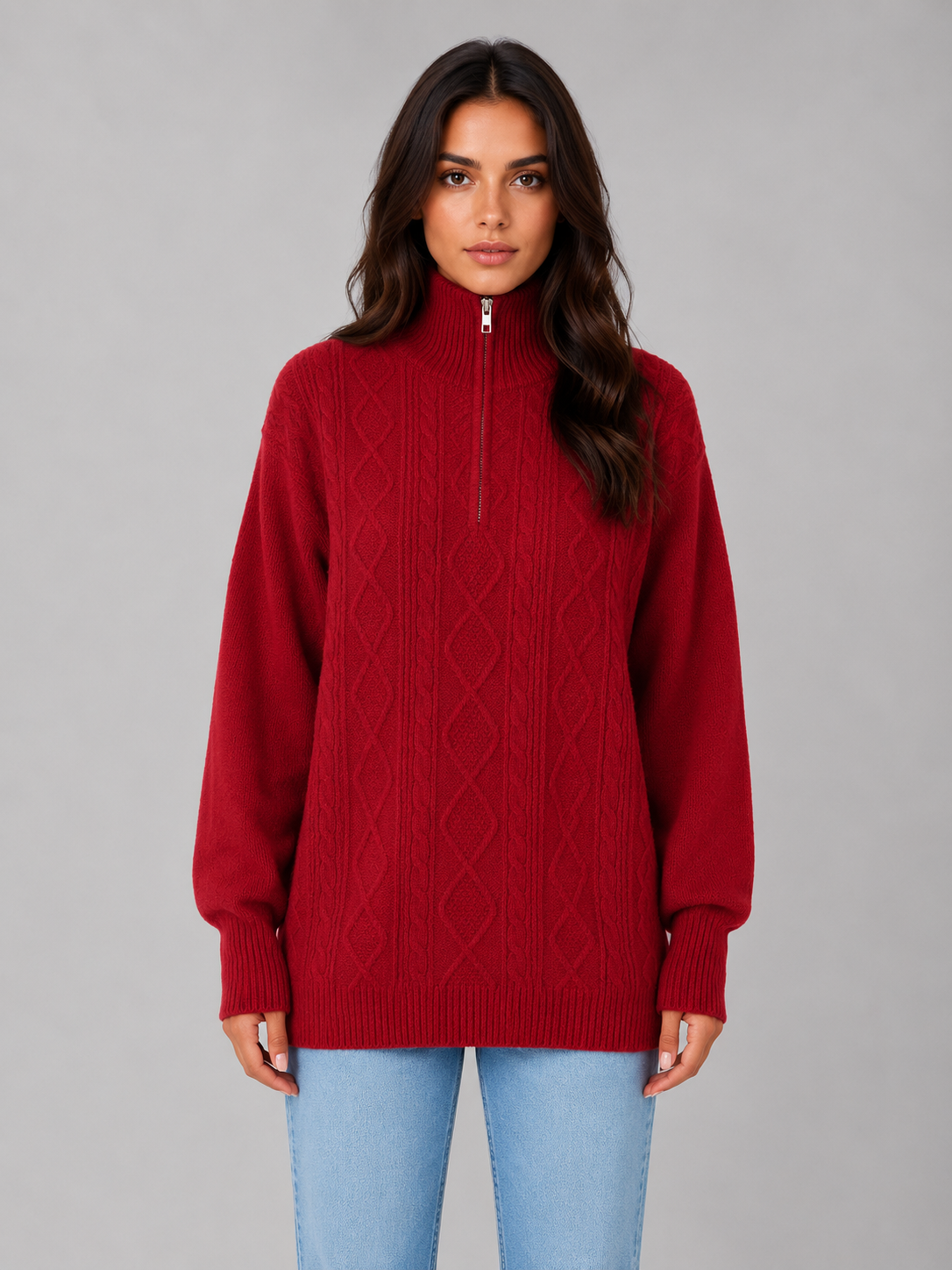 Kacob | Women's Chunky Cable Knit Half Zip Jumper