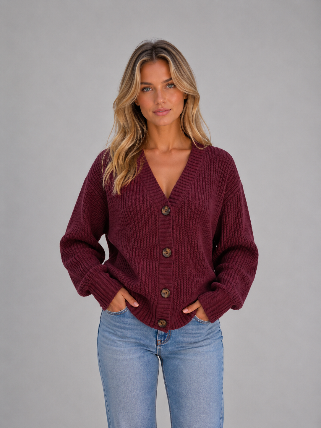 Kacob | Women's Chunky Ribbed Knit Button Front Cardigan