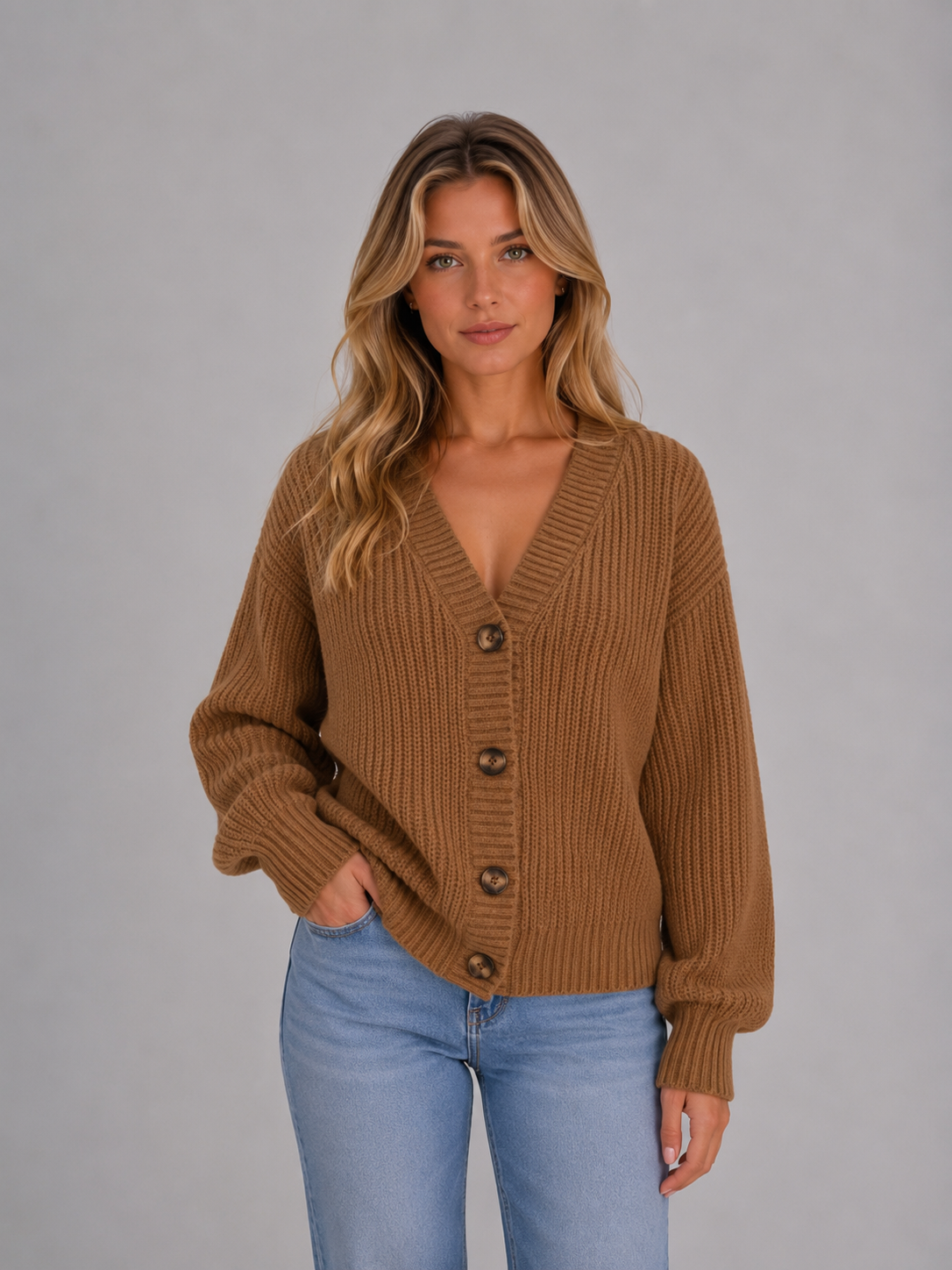 Kacob | Women's Chunky Ribbed Knit Button Front Cardigan