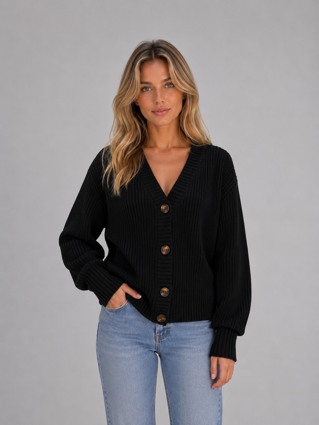Kacob | Women's Chunky Ribbed Knit Button Front Cardigan