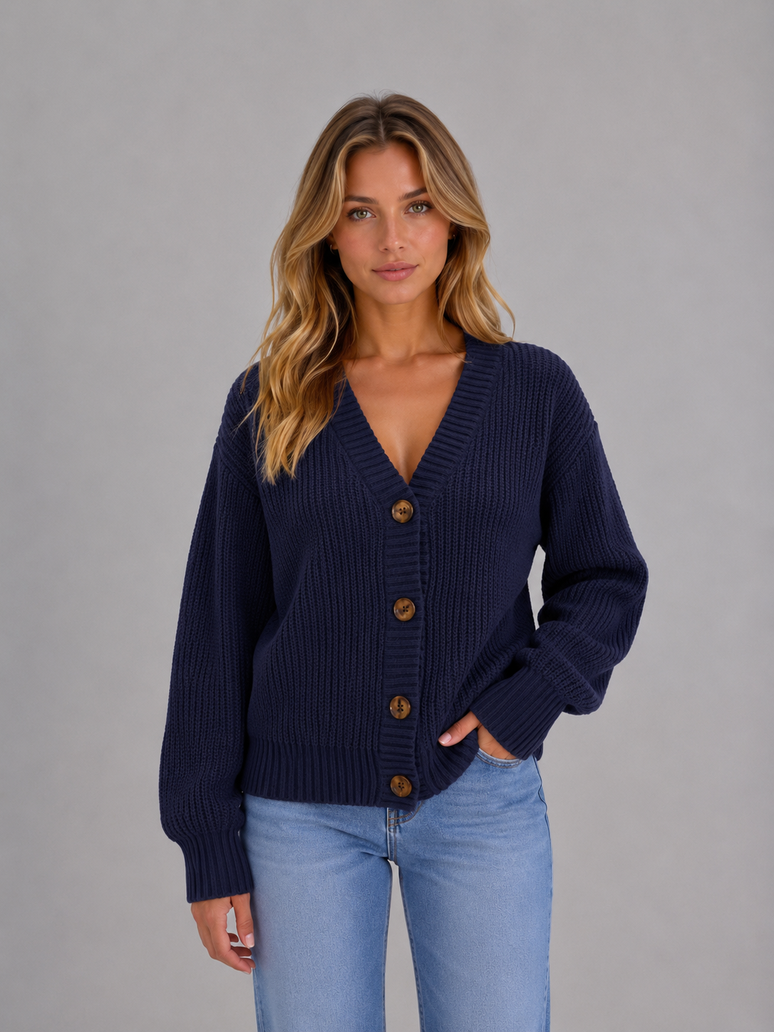Kacob | Women's Chunky Ribbed Knit Button Front Cardigan