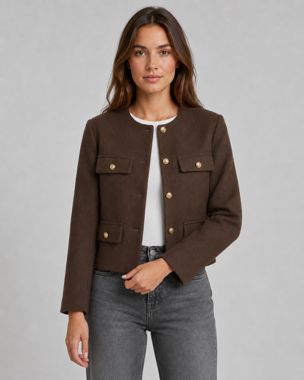 Kacob | Women's Collarless Gold Button Jacket