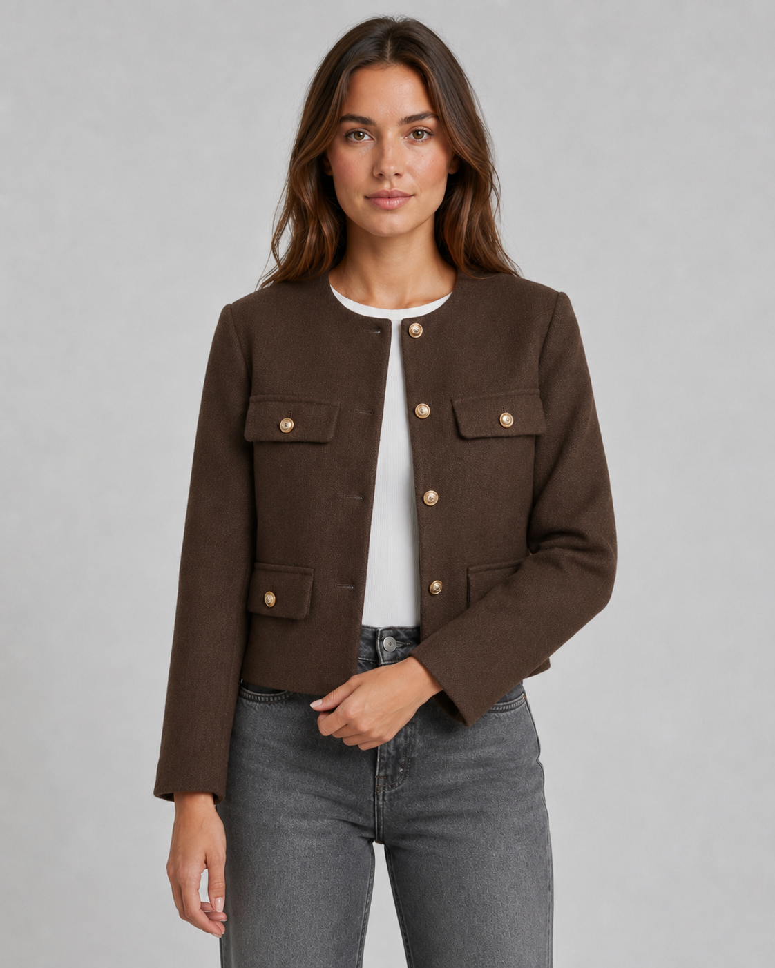 Kacob | Women's Collarless Gold Button Jacket