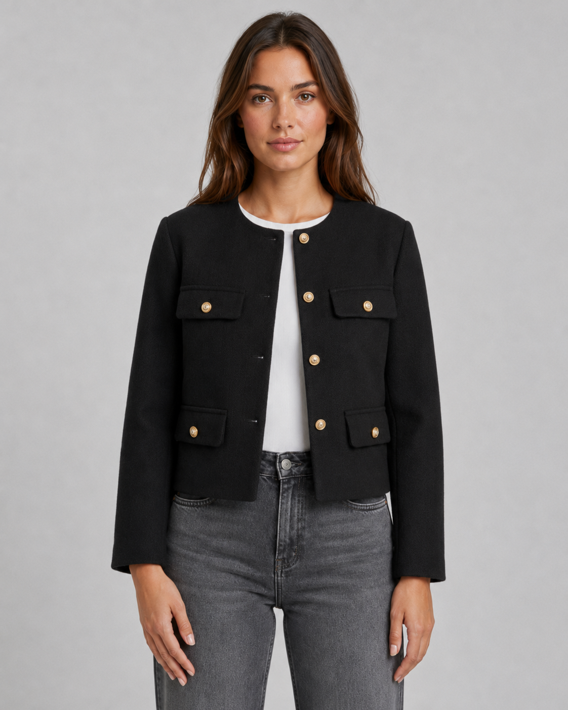 Kacob | Women's Collarless Gold Button Jacket