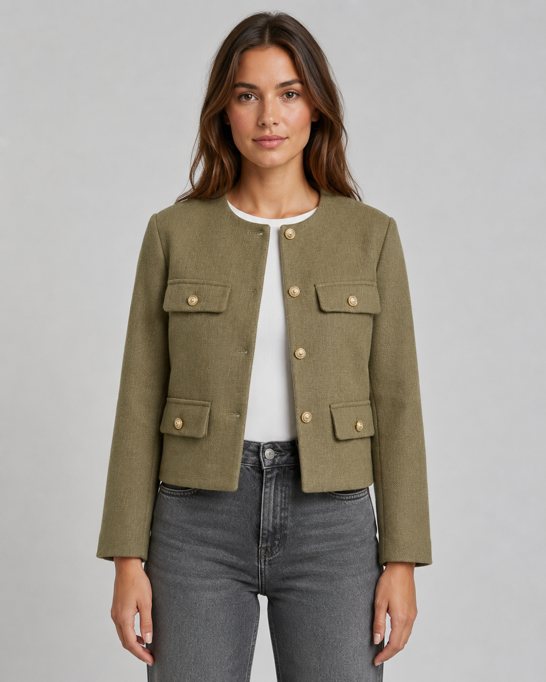 Kacob | Women's Collarless Gold Button Jacket