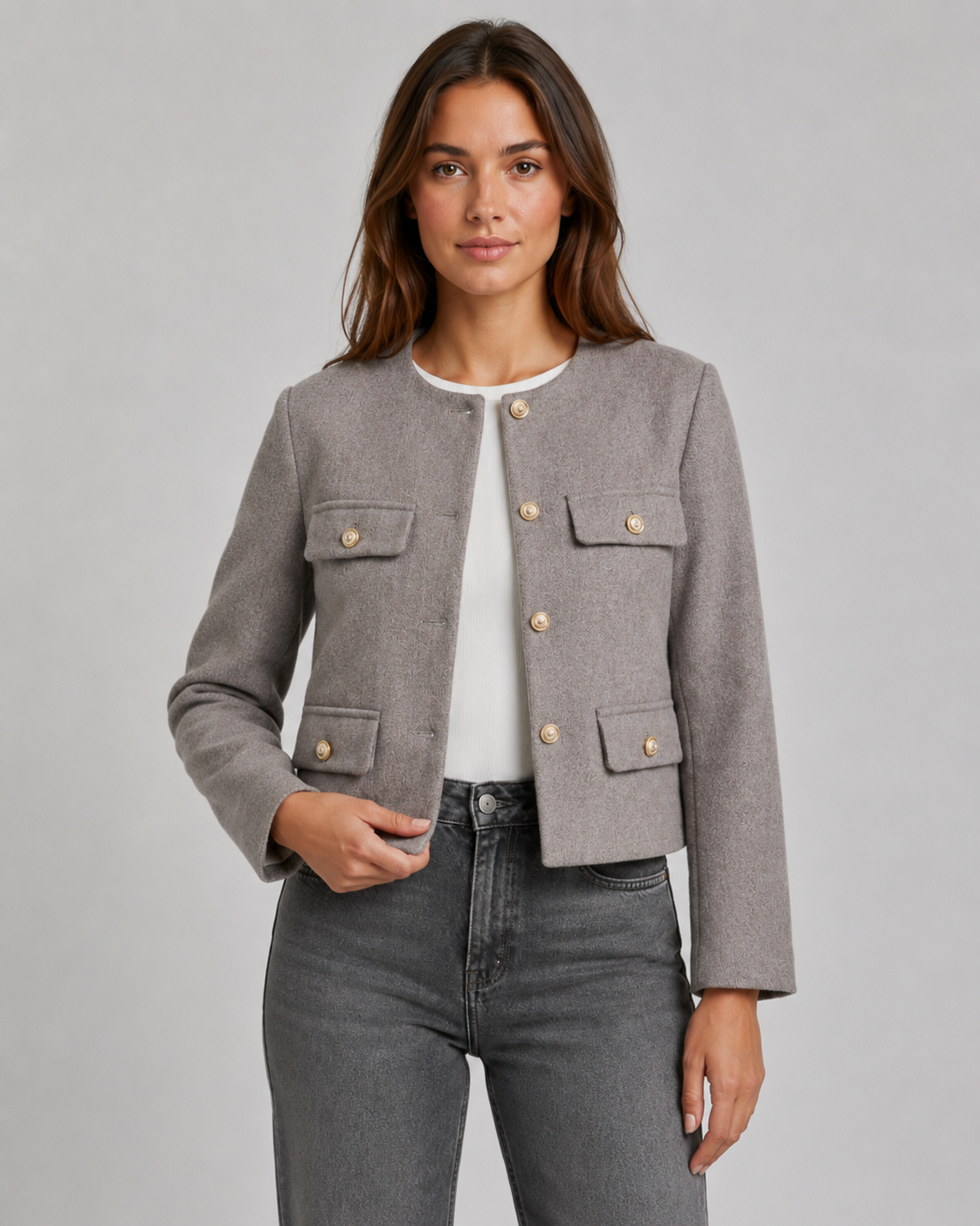 Kacob | Women's Collarless Gold Button Jacket