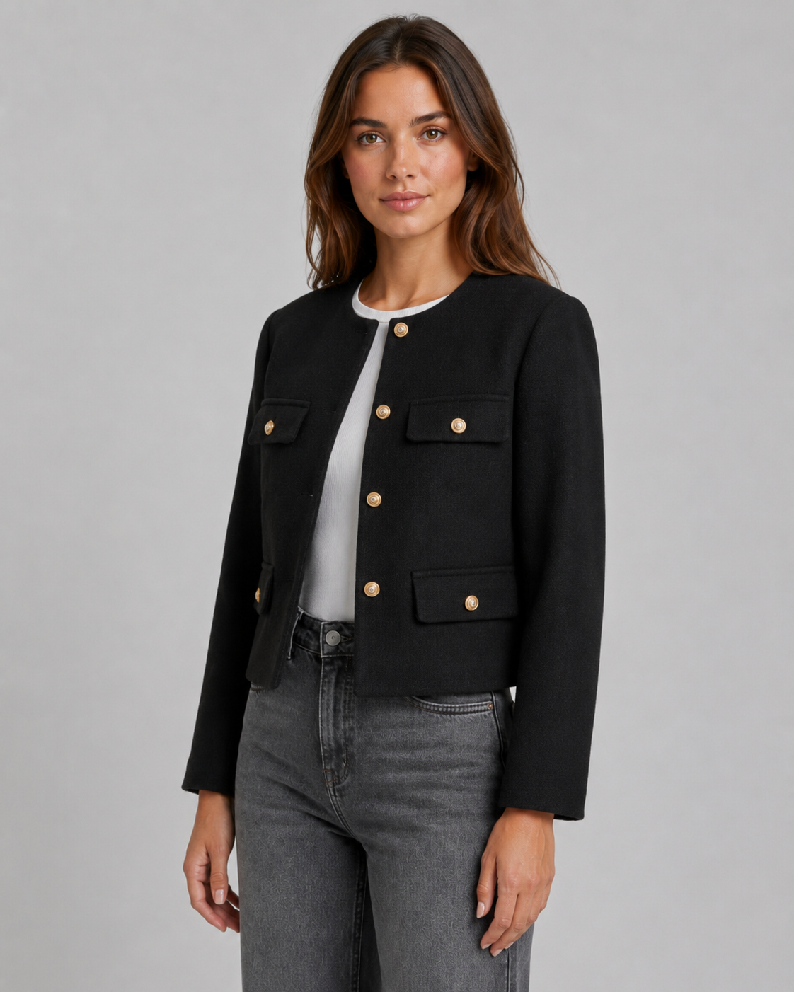 Kacob | Women's Collarless Gold Button Jacket