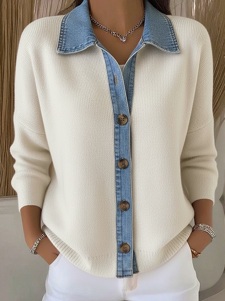 Women's Contrast Collar Button-Front Knit Cardigan