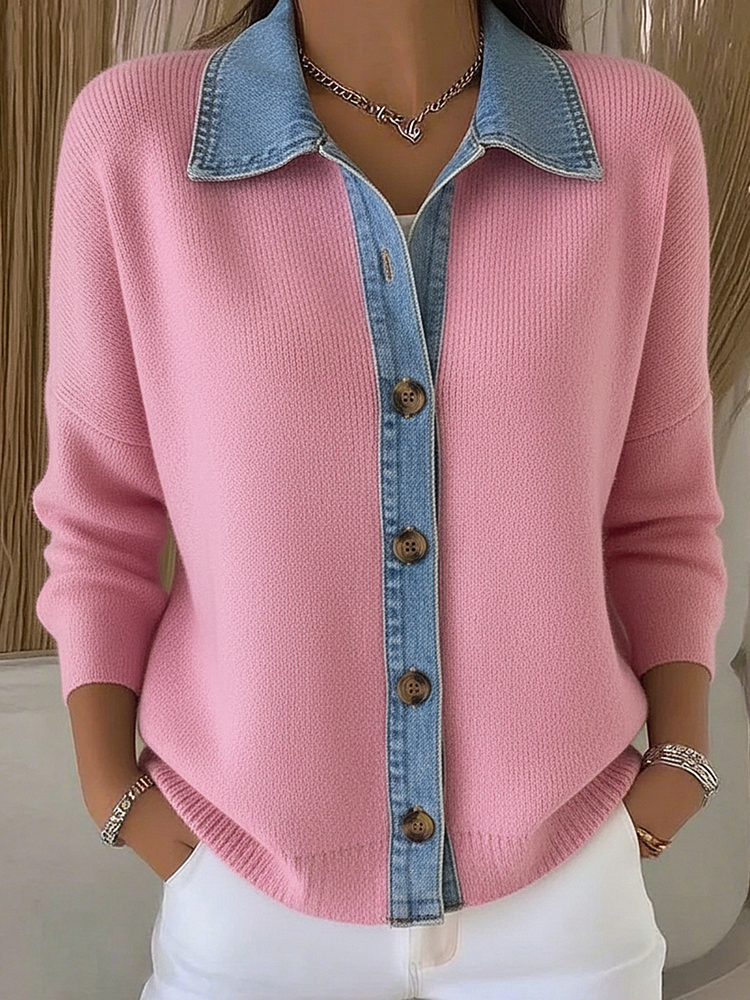 Women's Contrast Collar Button-Front Knit Cardigan