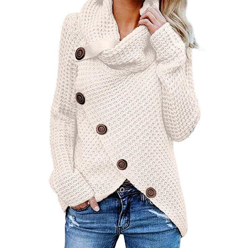 Women's Cowl Neck Button Detail Asymmetric Hem Jumper